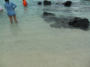 Crystal clear waters on Bamboo island. Note the huge rock in the bed of sand
